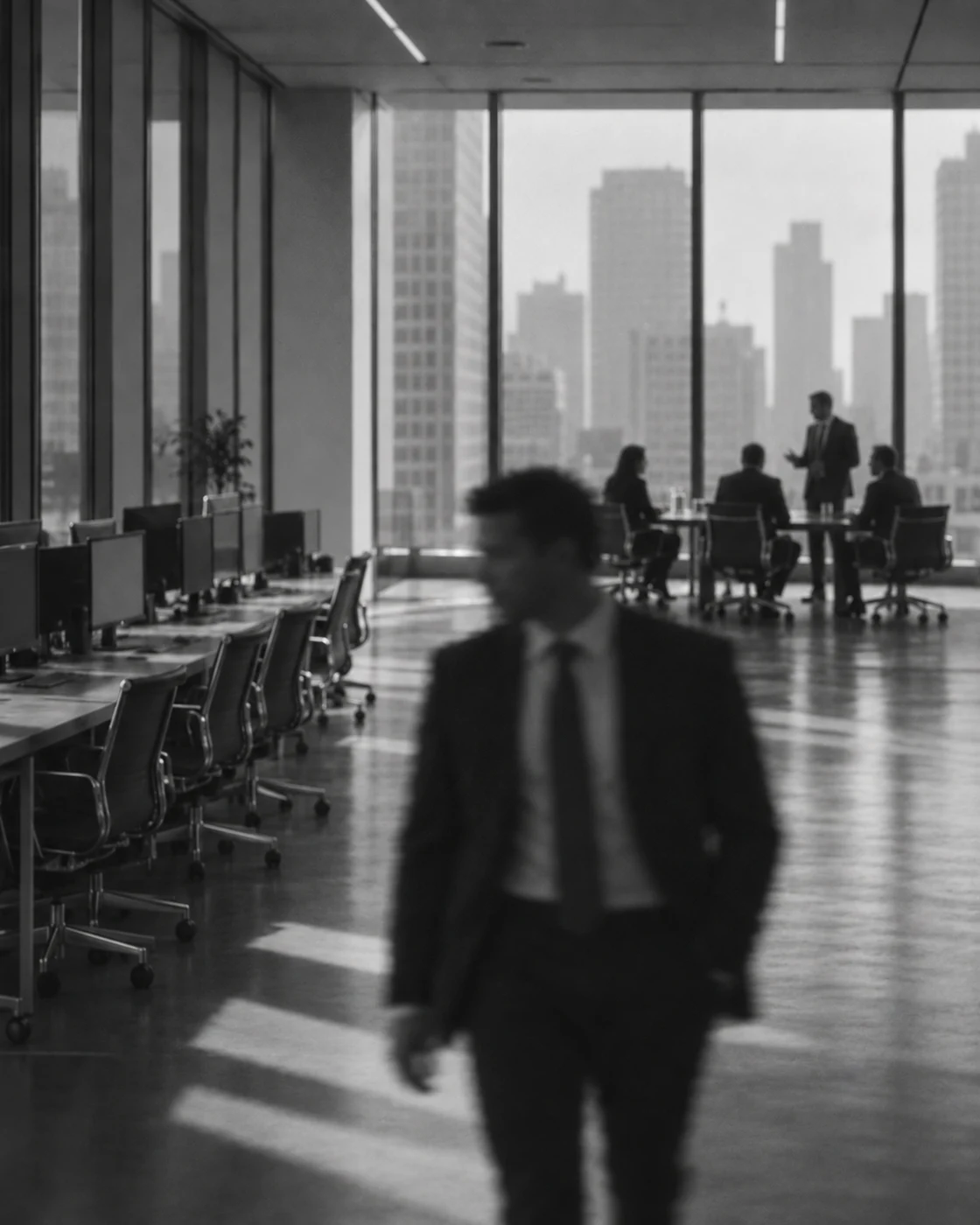 A softly blurred executive walking through an office, with a team meeting in the distance